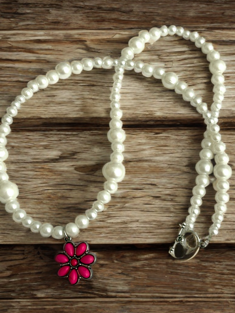 Pearl Necklace With Pink Flower