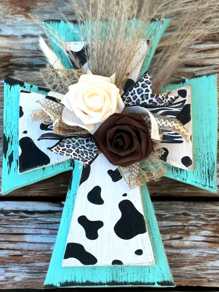 Turquoise and Cow Print Cross