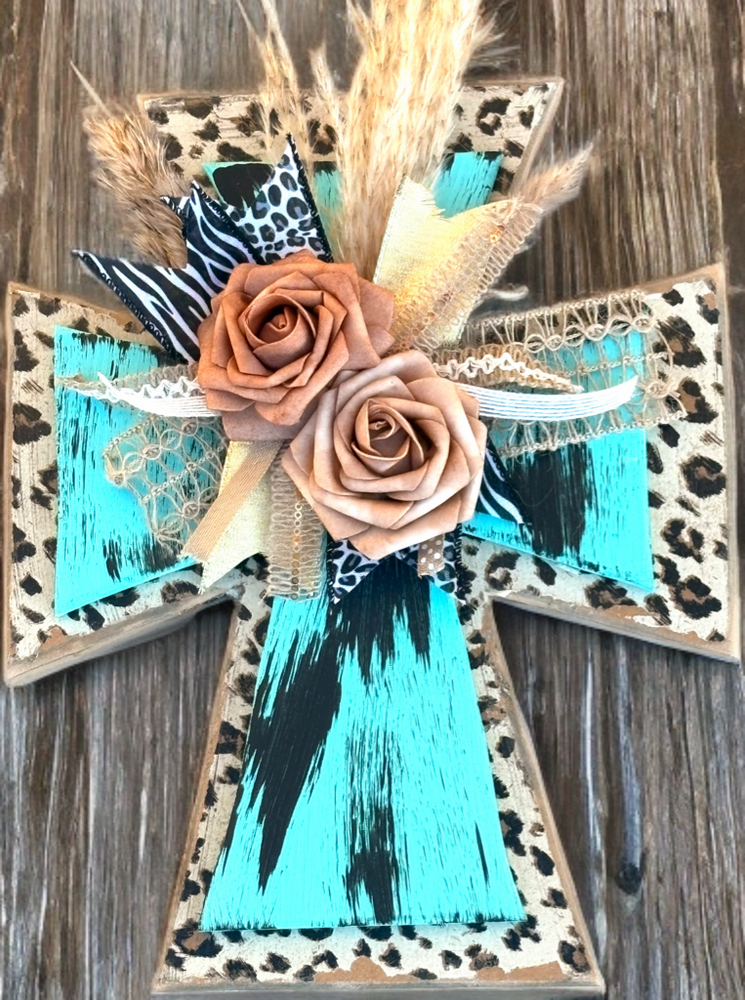 Turquoise and Leopard Vintage Style Cross