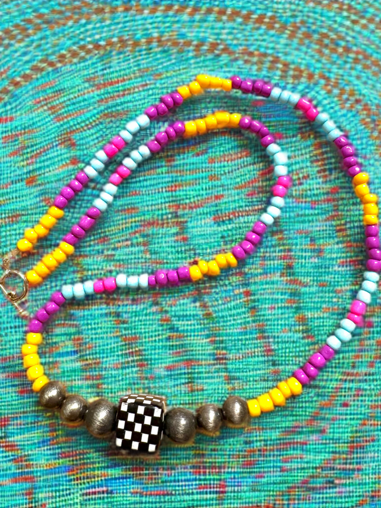 Handmade Colorful Necklace With Checkered Center Piece